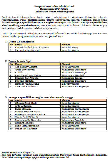 PENGUMUMAN HASIL ADMINISTRASI REKRUITMENT DOSEN & TENDIK 2025